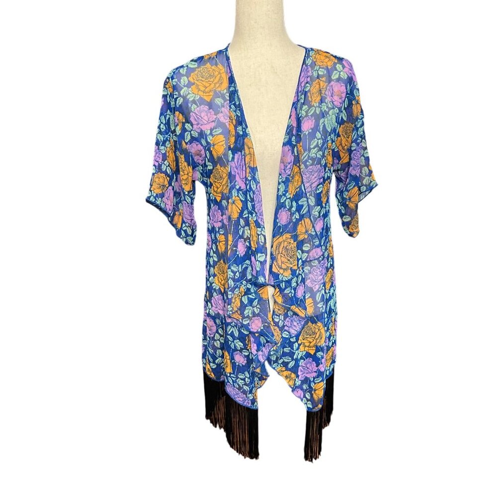 Lularoe Cardigan Women S Blue Floral Black Fringe Monroe Kimono Semi Sheer